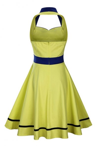 Vintage Halter Neck Sleeveless Fashion Color Block Backless Midi Fit Flared Dress
