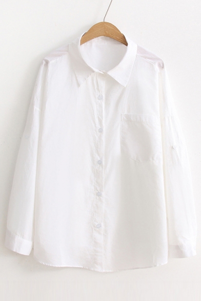 Basic Simple Plain Lapel Collar Long Sleeve Buttons Down Shirt with Single Pocket