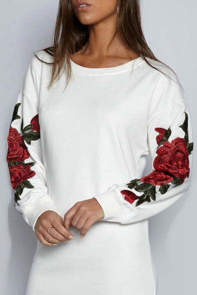 Chic Floral Embroidered Long Sleeve Round Neck Tunic Pullover Sweatshirt