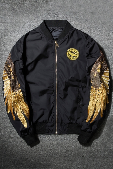 Gold Wings Printed Stand Up Collar Long Sleeve Retro Zip Up Bomber Jacket