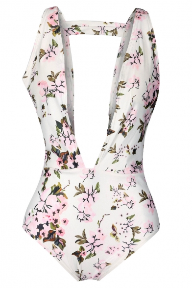 Hot Fashion Floral Printed Plunge Neck Sleeveless One Piece Swimwear