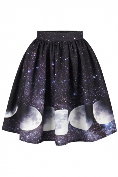 Hot Fashion Galaxy Moon Pattern Elastic Waist Midi Flared Skirt