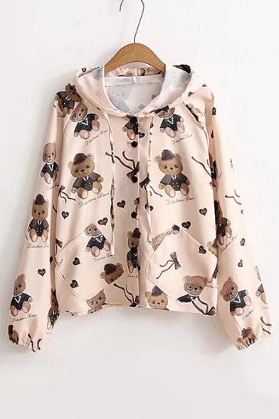 Lovely Bear Printed Long Sleeve Hooded Slim Buttons Down Coat with Pockets