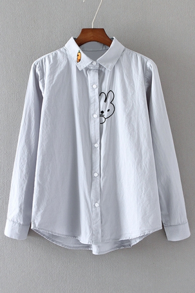 Lovely Cartoon Rabbit Pattern Lapel Collar Long Sleeve Buttons Down Shirt