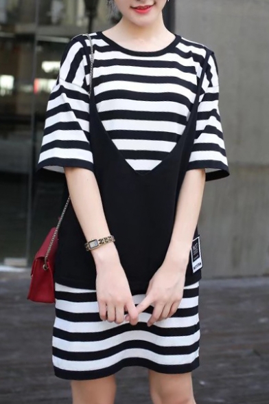 New Arrival Fake Two-Piece Cami Round Neck Half Sleeve Striped Printed Mini T-Shirt Dress