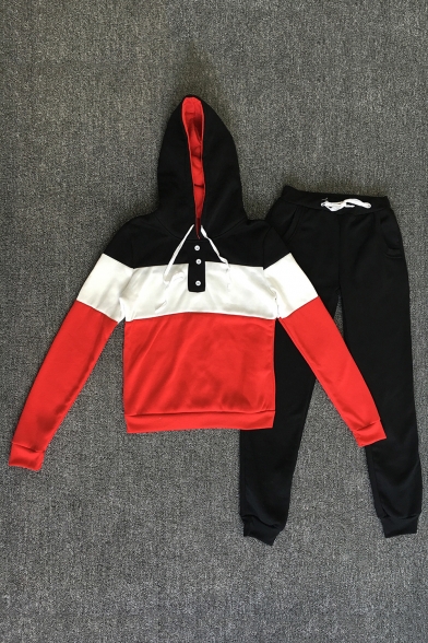 New Fashion Color Block Long Sleeve Hoodie with Drawstring Waist Sports Pants