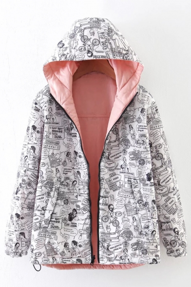 New Fashion Long Sleeve Hooded Warm Printed Leisure Reversible Zip Up Coat
