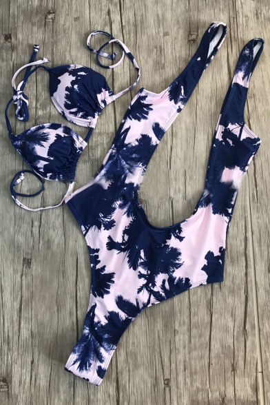 New Fashion Sexy Plunge Neck Tie Dye One Piece Swimwear with Halter Neck Bikini Top