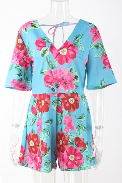 Summer's Chic Floral Pattern Plunge Neck Short Sleeve Holiday Rompers