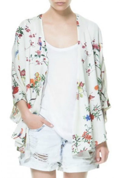 Summer's Floral Pattern Batwing Sleeve Sun Protection Kimono Top