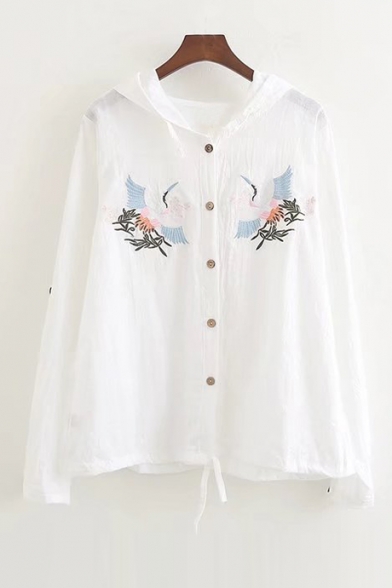 Summer's Fresh Crane Embroidered Hooded Long Sleeve Buttons Down Sun Coat