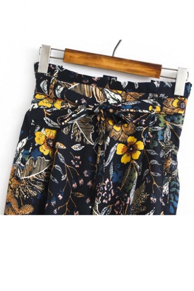 Summer's Holiday Beach Floral Printed Tied Waist Tapered Pants