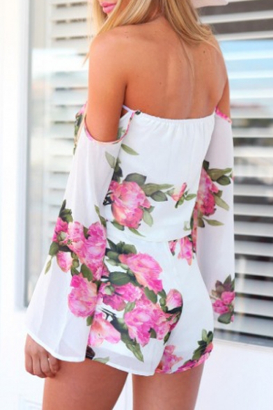 Summer's Hot Fashion Floral Printed Off The Shoulder Long Sleeve Rompers