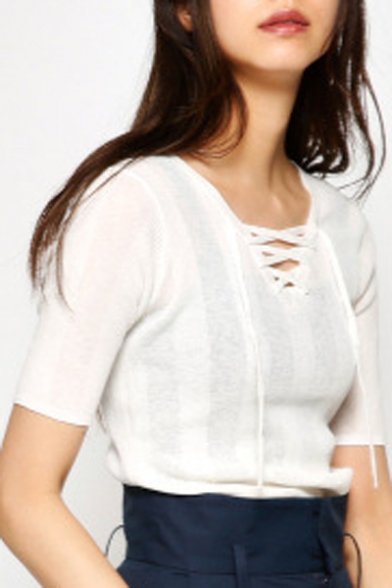 Basic Simple Lace-Up V Neck Short Sleeve Plain Slim Knit T-Shirt Sweater