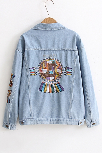 Chic Embroidered Back Retro Single Breasted Lapel Collar Long Sleeve Denim Jacket