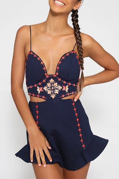 Chic Floral Embroidered Spaghetti Straps Sexy Hollow Out Waist Rompers