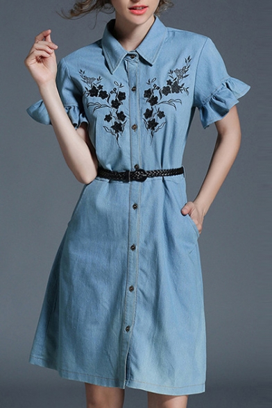 Chic Ruffle Short Sleeve Lapel Collar Floral Embroidered Buttons Down Midi Denim Shirt Dress