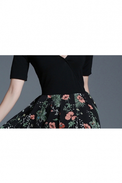 Fashion Floral Printed Plunge Neck Short Sleeve Midi A-Line Dress