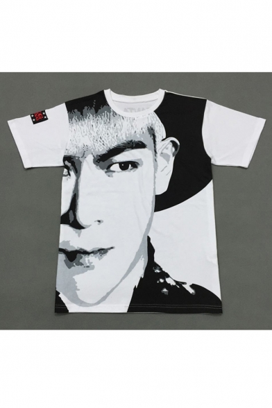 Hip Hop Style Fashion Sketch Face Pattern Round Neck Short Sleeve Loose T-Shirt