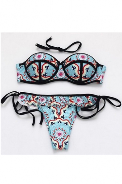 Hot Fashion Floral Printed Push Up Top String Side Bottom Bikini Swimwear