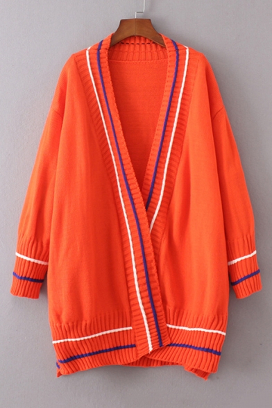 New Fashion Color Block Long Sleeve Open Front Longline Cardigan