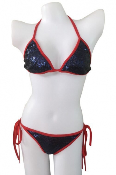 New Fashion Sequined Embellished Halter Neck Itsy String Bottom Color Block Bikini Swimwear