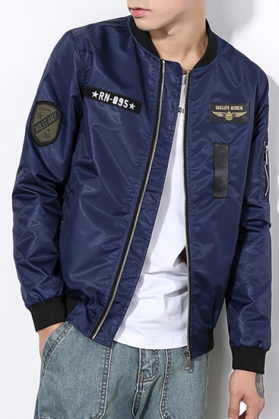 New Fashion Stand-Up Collar Long Sleeve Letter Printed Zip Up Bomber Jacket