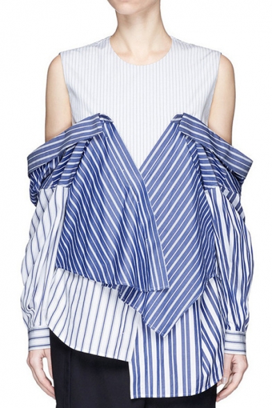 New Trendy Fake Two-Piece Cold Shoulder Round Neck Striped Printed Blouse