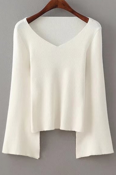 New Trendy V Neck Long Sleeve Flared Sleeve Plain Pullover Sweater