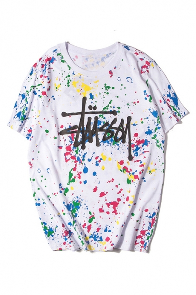 Retro Street Style Letter Oil Painting Round Neck Short Sleeve Pullover Tee