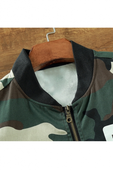 Stand Up Collar Long Sleeve Fashion Camouflage Printed Zip Up Baseball Jacket