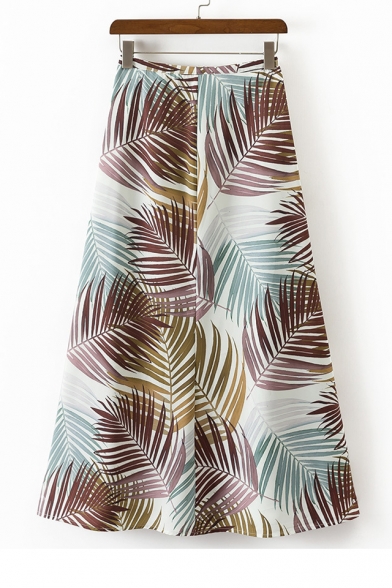 Summer's Beach Foliage Printed Zip Back Maxi Holiday A-Line Skirt