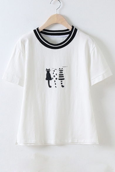 Summer's Cartoon Three Cats Printed Round Neck Short Sleeve Comfort T-Shirt