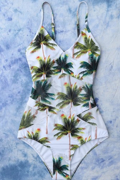 Summer's Fashion Holiday Coconut Palm Printed Spaghetti Straps One Piece Swimwear