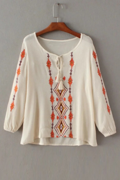 Summer's Simple Round Neck Long Sleeve Tribal Printed Loose Pullover Blouse