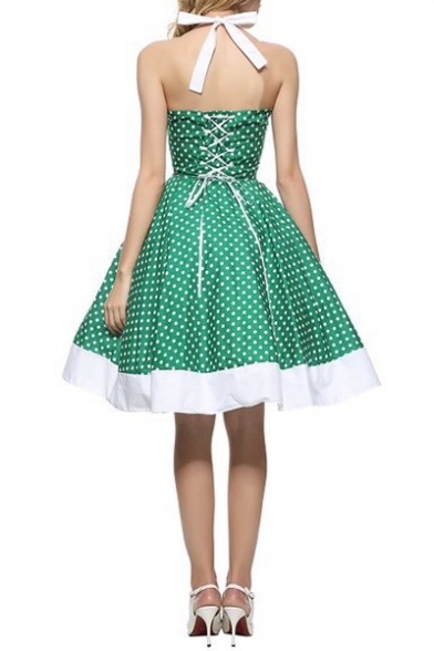 Vintage Polka Dot Pattern Halter Neck Sleeveless Midi Fit Flared Dress