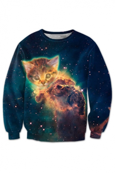 3D Galaxy Cartoon Cat Printed Round Neck Long Sleeve Unisex Sweatshirt