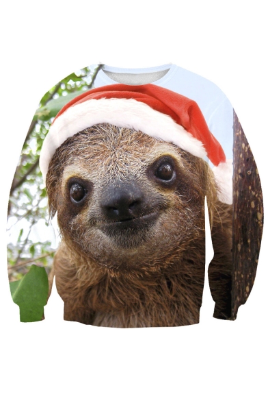 Cute Sloth Print Round Neck Long Sleeve Pullover Sweatshirt