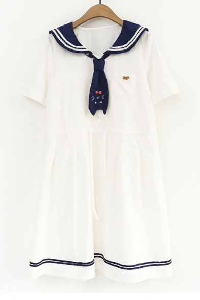 Fashion Color Block Navy Collar Short Sleeve Loose Linen Mini Smock Dress