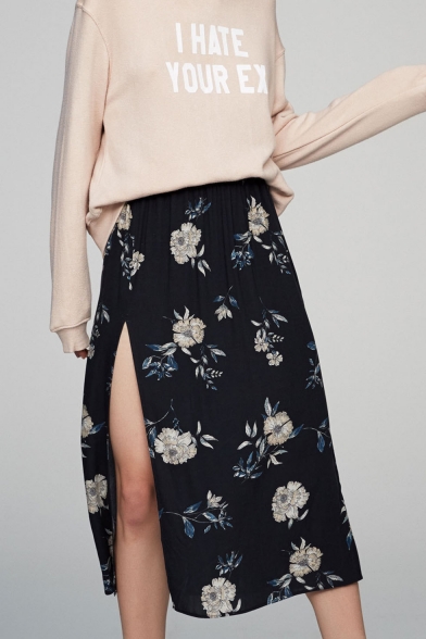 Fashion Split Side Elastic Waist Floral Printed Midi Skirt