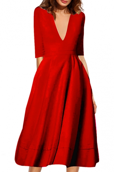 Hot Fashion Elegant Chic Plunge Neck Half Sleeve Plain Midi A-Line Dress