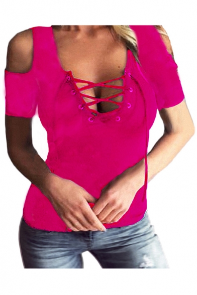 Hot Fashion Sexy Lace-Up Hollow Front Scoop Neck Cold Shoulder Plain T-Shirt