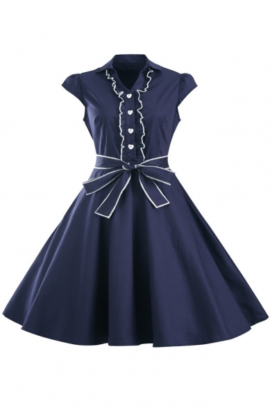 Hot Fashion Vintage Cap Sleeve Lapel V Neck Tied Waist Midi Oversize Flared Dress