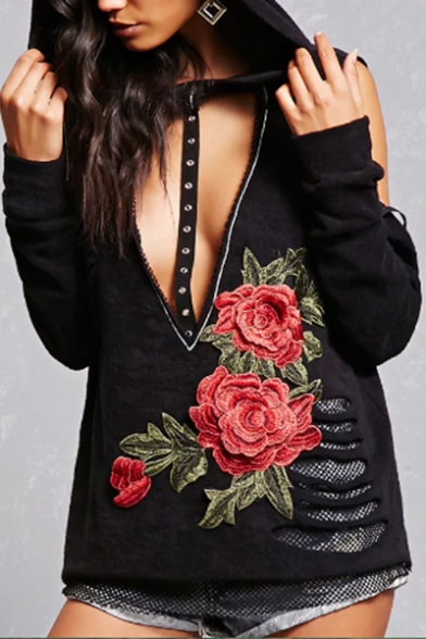 New Stylish Cutout V-Neck Cold Shoulder Long Sleeve Embroidery Floral Ripped Hoodie