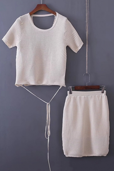 Open Back Round Neck Short Sleeve Plain Knit T-Shirt with Midi Pencil Skirt