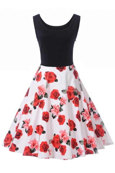 Retro Floral Printed Scoop Neck Sleeveless Midi A-Line Flared Dress