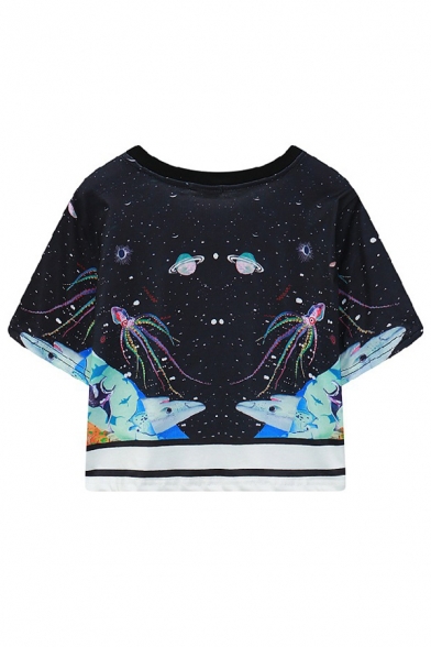 Round Neck Short Sleeve Universe Octopus Printed Loose Cropped T-Shirt