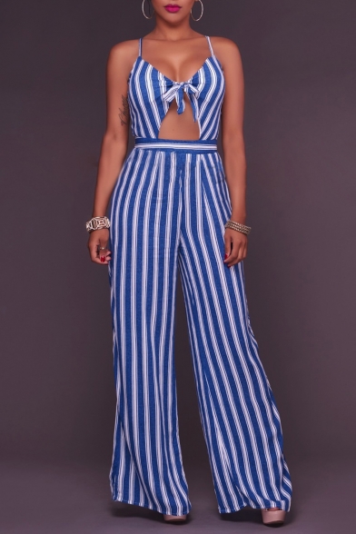 Sexy Spaghetti Straps Hollow Out Striped Print Wide Legs Jumpsuits