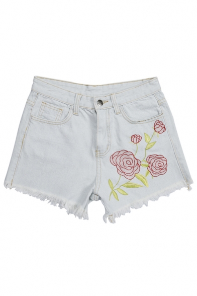 Summer's Chic Floral Embroidered Fringe Hem Mid Waist Denim Shorts