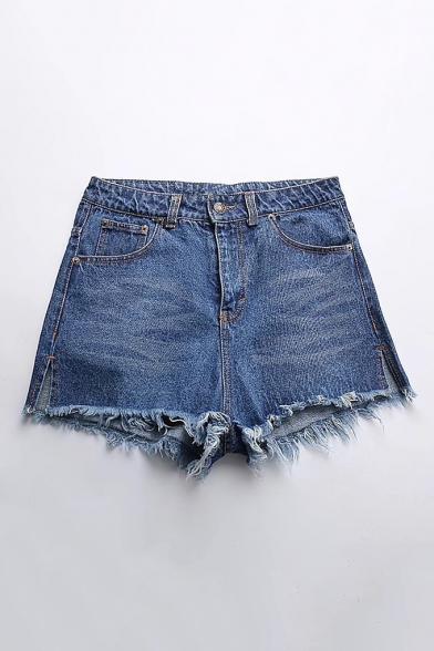 Summer's Fashion Fringe Hem Plain Split Side High Rise Denim Shorts